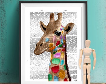 Multicoloured Giraffe Art Print on Antiquarian Book Page