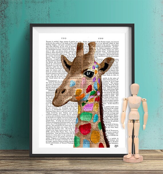 古書のページに描かれた多色キリンのアートプリント - Etsy 日本