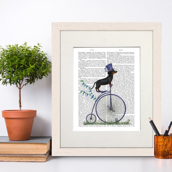 Dachshund print, Dachshund gift, Doxie lover gift, Dog on bicycle, Cycling dog art, Dictionary print, Cute nursery decor, Dog canvas art