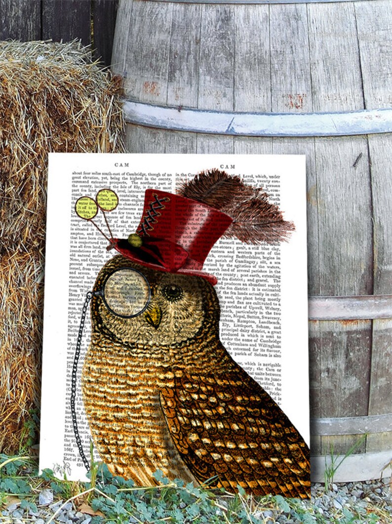 Owl with Top Hat, Wall Art Art Print Giclee Print Acrylic Painting Illustration Steampunk Owl wall art wall decor Wall Hanging image 1