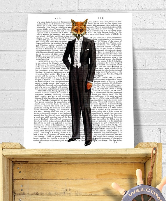 Fox Evening Suit, Groomsman gift Tuxedo Fox Print fox picture fox illustration fox painting fox in suit funny office art Gifts for Men