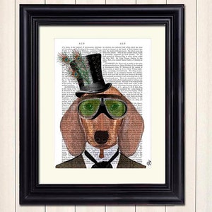 Steampunk Art Print Dachshund Green Goggles, Steampunk Dog Art Book Page Wall Art Wall Decor Poster Doxie Dog in Top Hat