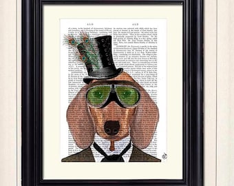 Steampunk Art Print Dachshund Green Goggles, Steampunk Dog Art Book Page Wall Art Wall Decor Poster Doxie Dog in Top Hat