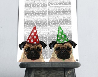 Party Mopsen Art Print, cadeau hondenliefhebber, boekenpagina antiquair
