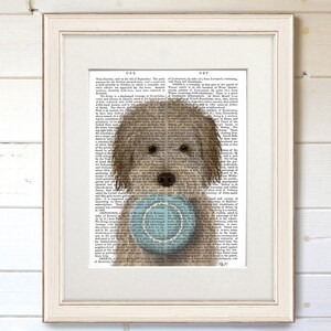 May include: A light brown dog with a light brown nose and brown eyes is holding a blue and white frisbee in its mouth. The dog is in front of a page of text from an old book. The text is in black and white.