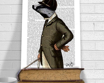 Badger Rider, Badger Portrait - badger print badger picture badger illustration upcycled recycled repurposed equestrian gift idea wall art