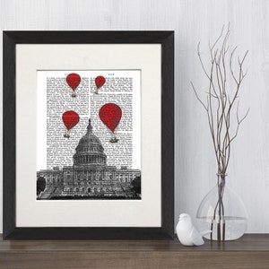 United States Capitol, USA Capitol Building, Red Hot Air Balloons, Capitol Hill Wandkunst, Wörterbuch Seite Kunst, Büro Dekor, Geschenk für ihn