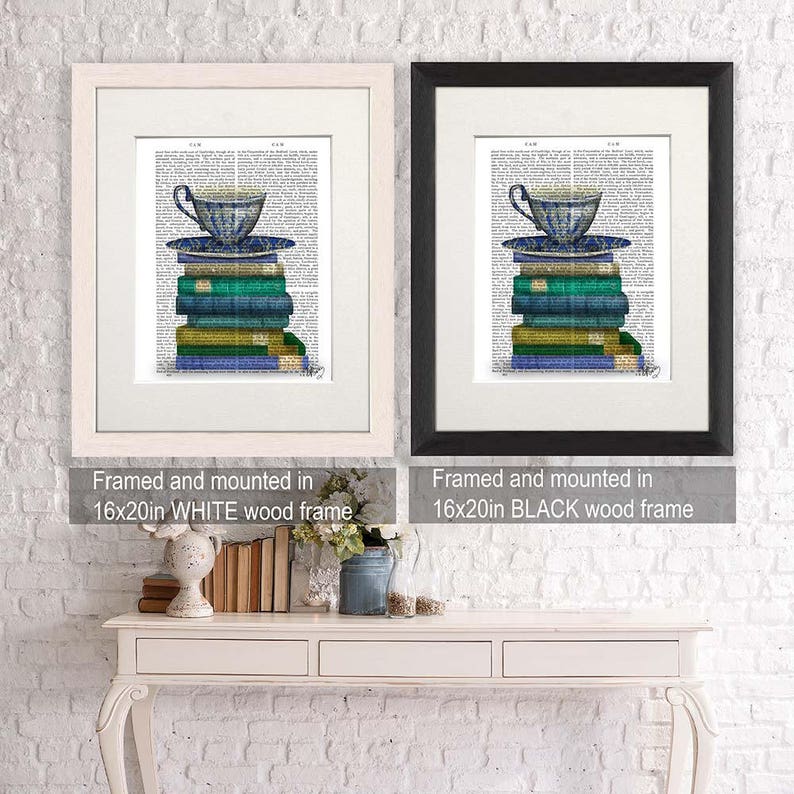 Book lover gift Teacup & Books Cup of tea lover cup of coffee lover book nerd library print bookworm gift for book lover teal room decor image 4