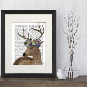 Deer illustration, Woodland animal art, Dictionary print, Stag print, Flower painting, Gift for her, Cabin decor, Antlers art print, Uk made