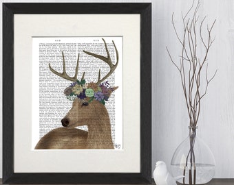 Deer illustration, Woodland animal art, Dictionary print, Stag print, Flower painting, Gift for her, Cabin decor, Antlers art print, Uk made