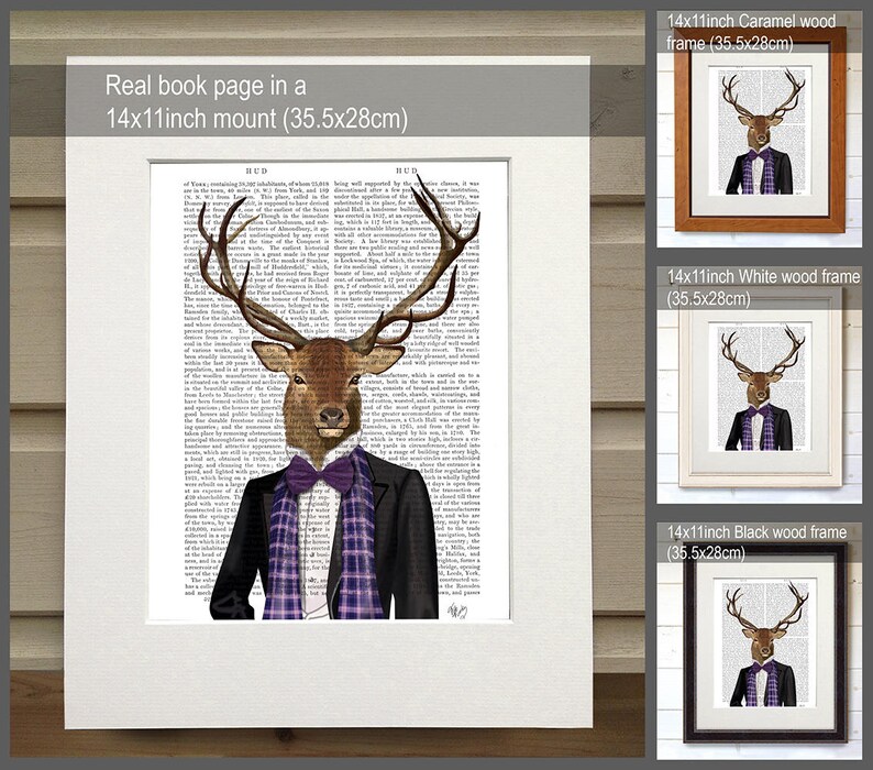 May include: A stag wearing a suit and bow tie, printed on a book page, framed in black, white, and caramel wood frames. The image is 14x11 inches and is mounted on a 14x11 inch mount.