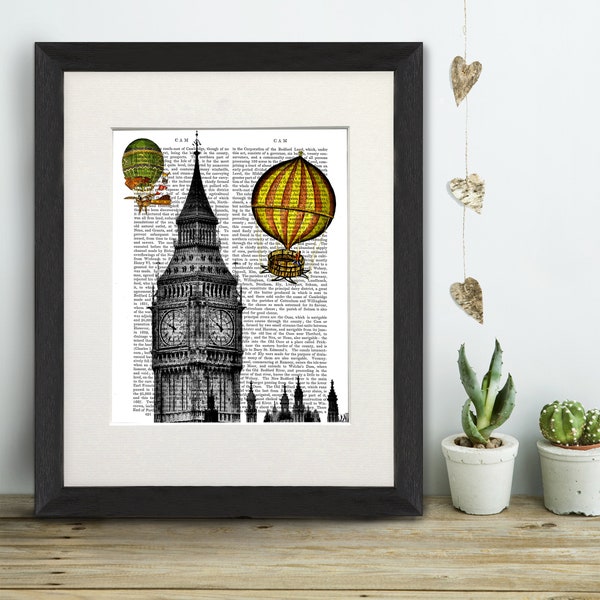 Big Ben Clock Print, London print, Vintage style, Hot Air Balloon, London gift, London poster, British decor, Architecture wall art Souvenir