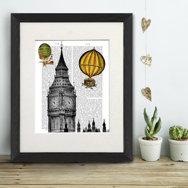 Big Ben Hot Air Balloon Print, London Vintage Style Architecture Art