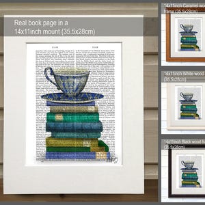 Book lover gift Teacup & Books Cup of tea lover cup of coffee lover book nerd library print bookworm gift for book lover teal room decor image 2