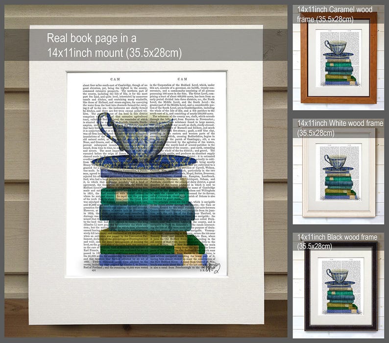 Book lover gift Teacup & Books Cup of tea lover cup of coffee lover book nerd library print bookworm gift for book lover teal room decor image 2
