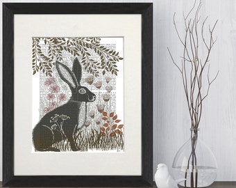 Hare Lino Cut Style Print, Botanical Woodland Wall Art