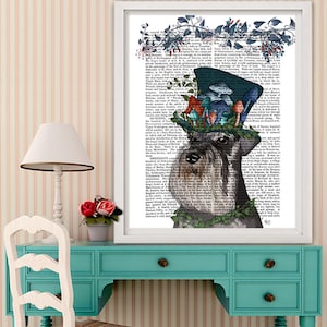 May include: A black and white Schnauzer dog wearing a blue top hat with a floral design and mushrooms. The dog is looking to the right. The background is a vintage book page.