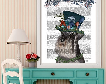 Schnauzer Dog Art Print - Milliner Hat, Whimsical Pet Portrait