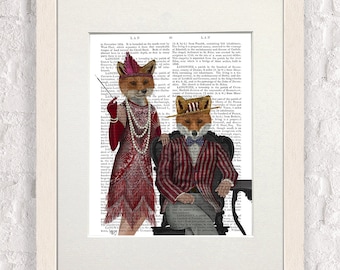 Fox woodland art - Fox couple 1920's - Fox animal wall art Fox print art Funny fox decor Fox wall art print Woodland fox art Red fox decor