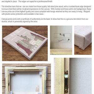May include: A gallery wrapped canvas print of a cityscape with the text "NEW YORK" in the top left corner. The canvas is stretched over a wooden frame and has a certificate of authenticity on the back.