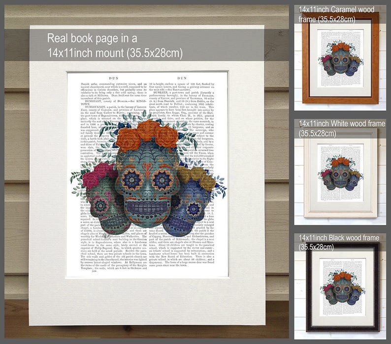 May include: Three colorful sugar skulls with floral accents on a book page with text. The skulls are blue, green, and purple with intricate designs. The flowers are pink, orange, and yellow. The book page is a vintage style with a white background and black text. The image is framed in a 14x11 inch mount.