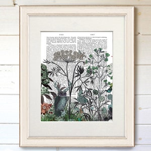May include: A black and white illustration of an owl and various flowers and plants on a vintage book page. The owl is in the center of the image, with flowers and plants surrounding it. The book page is filled with text, but it is difficult to read.
