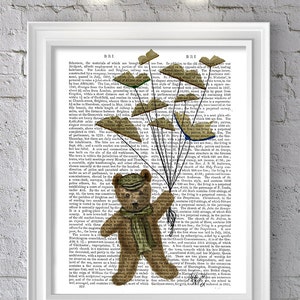 Book lover gift -Bear & Book Butterflies- teddy bear print teddy bear art Cute animal art for kids rooms whimsical nursery Woodland Nursery