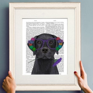 Black lab print - Black Labrador Flower Glasses - Labrador retriever Cute black lab Labrador gift idea Black lab dog  Black dog art print