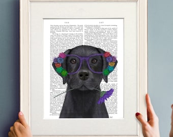 Impresión de laboratorio negra - Gafas de flores de labrador negro - Labrador retriever Lindo laboratorio negro Labrador idea de regalo Perro de laboratorio negro Impresión de arte de perro negro