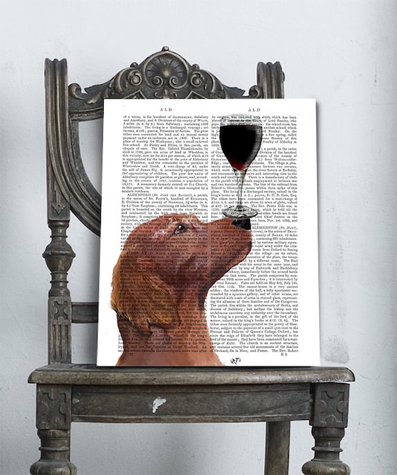 Red Setter Dog Art Print, Wine Lover Kitchen Decor