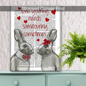 May include: A black and white illustration of two bunnies with red bows on their ears. The bunnies are looking at each other and the text "everybunny needs somebunny sometimes" is printed on the background.