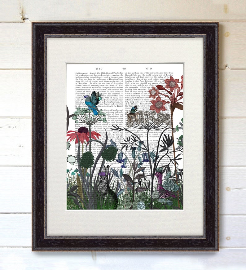 Lapin art Fleur jardin décoration murale Pays thème chambre imprimé floral papillons lapin cadeau ferme art Page de livre - Fleur sauvage lapin image 10