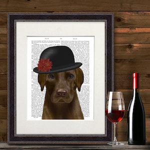 Chocolate lab decor - Brown labrador in bowler hat - Labrador retriever Choc lab art Dog mom gift Dog painting Classy dog decor Dog lover
