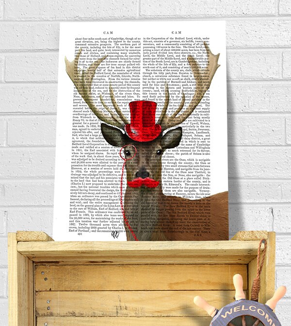 Deer Art Print - Deer with Top Hat Deer wall art Cabin décor hunting gift for hunter book lover gift funny animal dorm decor Kids Room Décor