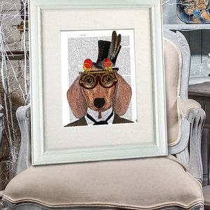 Wiener dog art print - red dachshund red doxie red wiener dog humor steampunk goggles dog top hat classy dog Groomsman gift grooms gift