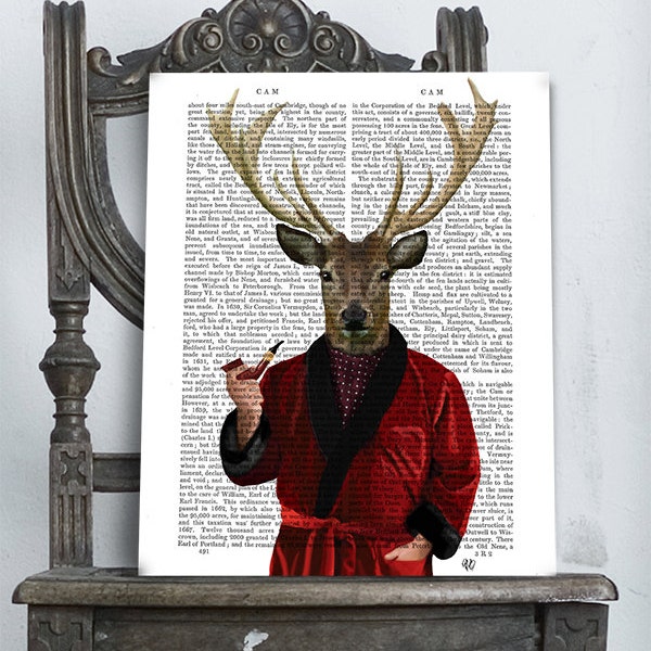 Deer In Smoking Jacket - Deer Illustration wall art wall decor wall hanging Deer art print Deer print Deer decor stag smoking pipe mens gift