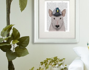 English Bull Terrier Art Print - Duck On Head - gift for Bull Terrier lover gift terrier print illustration dog lover gift for duck hunter