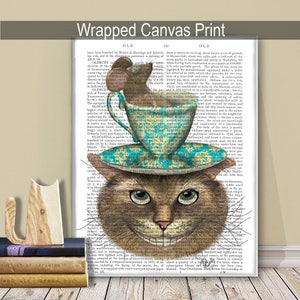 Alice in Wonderland Art, Cheshire Cat Teacup on Head Cheshire cat alice in wonderland print Mad hatter tea party decoration alice dormouse image 4