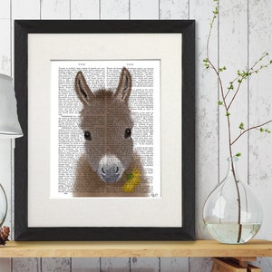 Donkey print - Donkey yellow flower - Donkey art Donkey canvas  Bedroom decor Book page decor Library room wall art Cute farm animal art