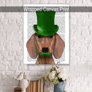 Red Dachshund Green Top Hat whimsical dog print Dog wall décor dog top hat classy dog wiener dog unique wedding gift idea teacher gift image 4