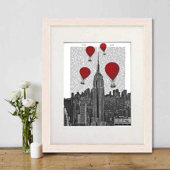 Empire State Building Print, Red Hot Air Balloon, New York city, New York skyline, Architecture print, Dictionary print, New York gift