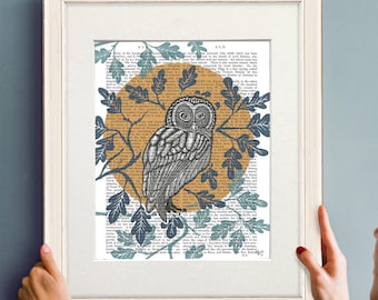 Owl in moon, Country garden art, Lino cut style, Bird picture, Moon painting, Book page art, Woodland owl decor, Nursery wall art, Owl print