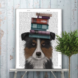Stampa di alfabetizzazione - Border Collie tricolore con libri - Home office decor sala studio dormitorio studente biblioteca bookworm nerdy geekery cute dog art