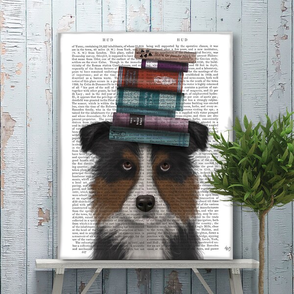 Literacy print - Border Collie tricolor with books - Home office decor study room dorm student library bookworm nerdy geekery cute dog art