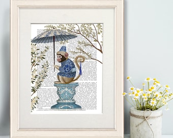 Chinoiserie Monkey with Umbrella print, Cute Monkey and parasol chinese style wall art, asian oriental decor, vintage book page art