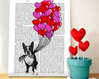 Cute Boston Terrier & Balloons Valentines dog poster Valentines gift for dog lover romantic gift for wife gift for husband anniversary gift