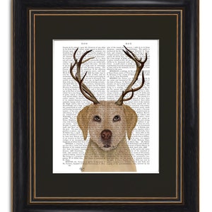 Yellow Labrador Art Print - Yellow Lab and Antlers 2 - Labrador lover gift labrador owner labrador art print yellow lab gift funny labrador