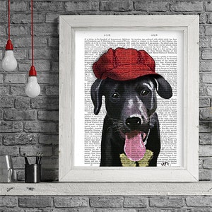 Cute black labrador picture labrador gift idea black lab - red hat - Black lab decor Black lab art print Black lab wall art labrador lover