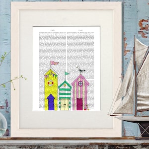 Beach hut print Beach house decor, Nautical bathroom, Seaside print, Bathroom Wall Decor, Kids bathroom art, Dictionary print - Beach Huts 1