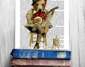 Banjo Bear Art Print – Whimsical Woodland Nursery Decor